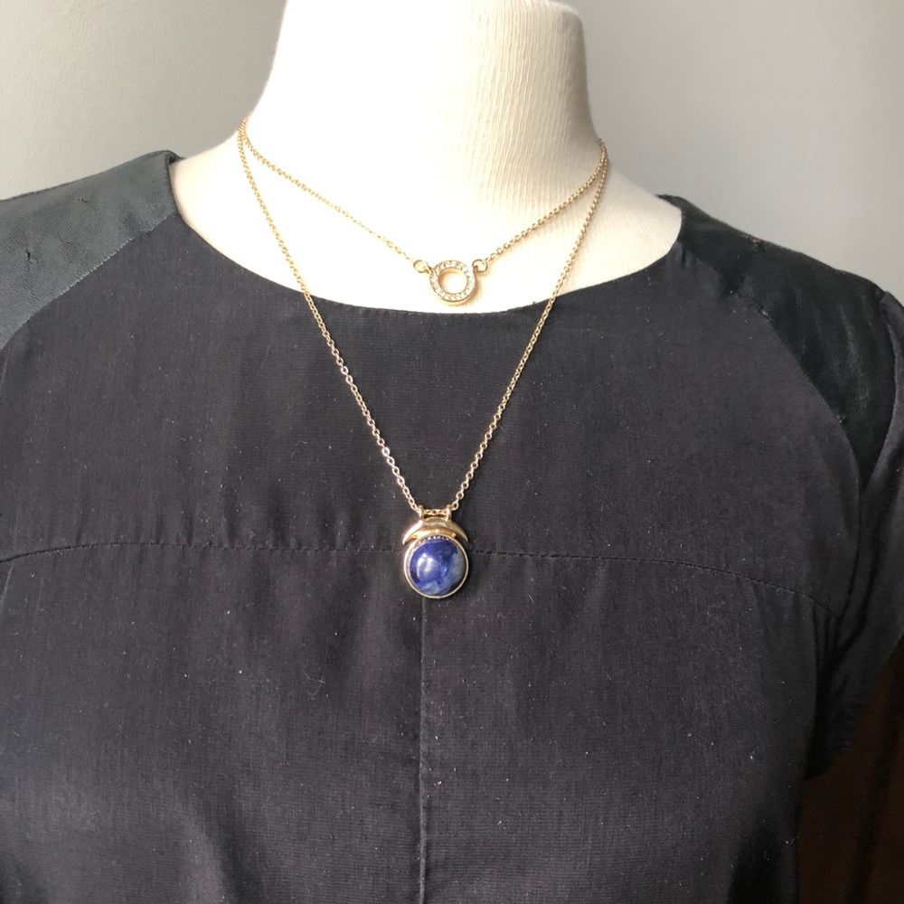Blue stone moon shaped double boho necklace
